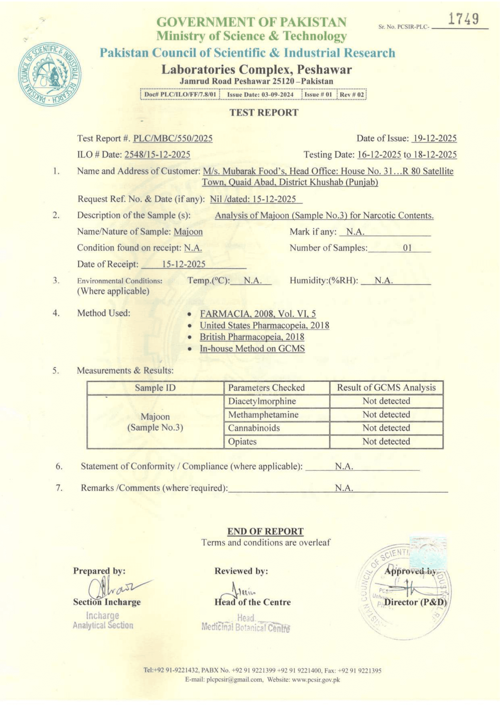 PCSIR Analytical Report