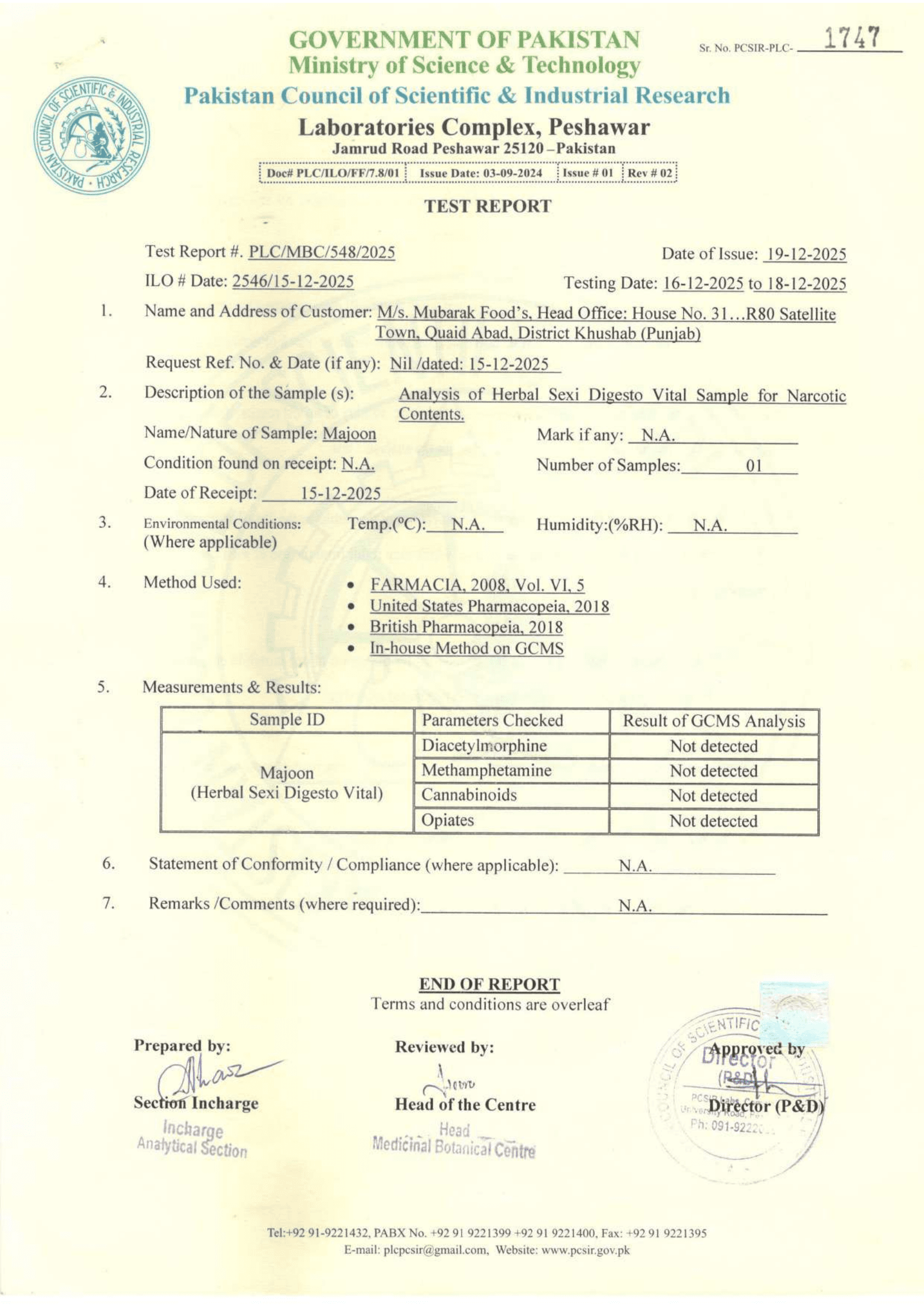 PCSIR Chemical Analysis Certificate