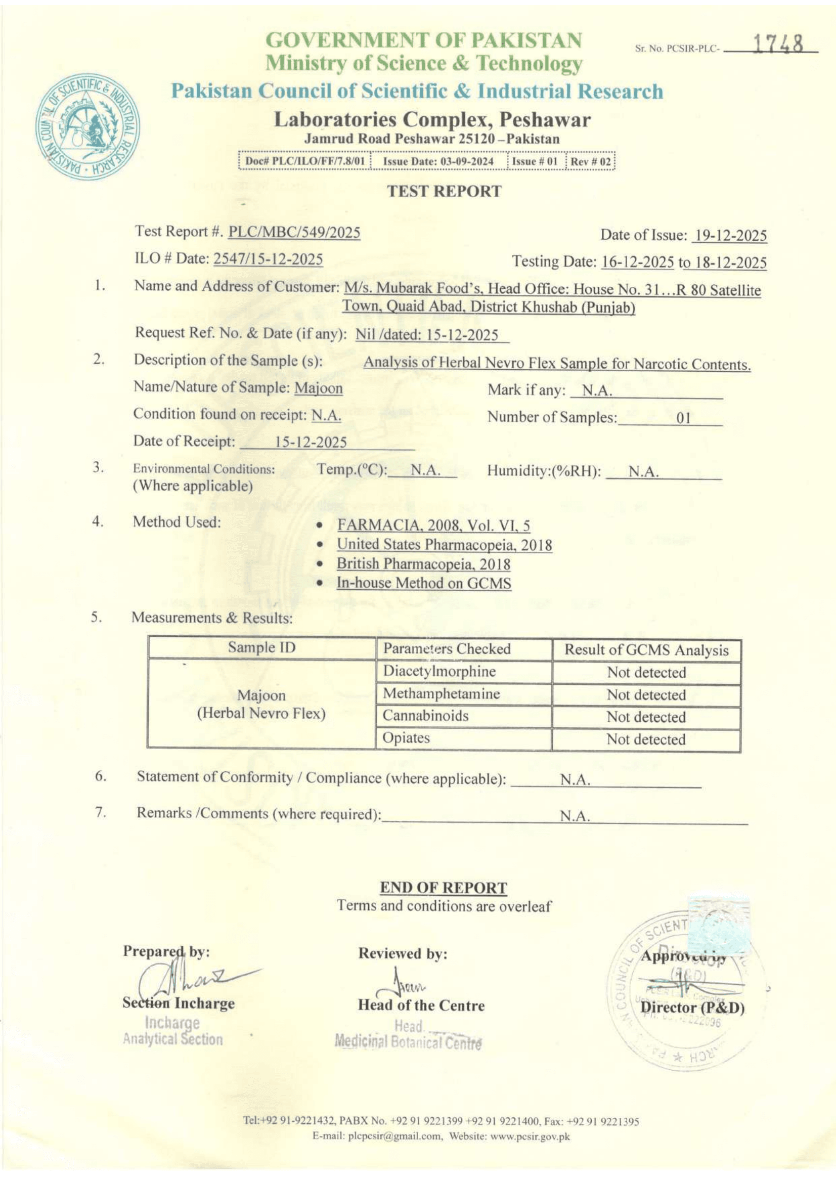 PCSIR Laboratory Test Certificate