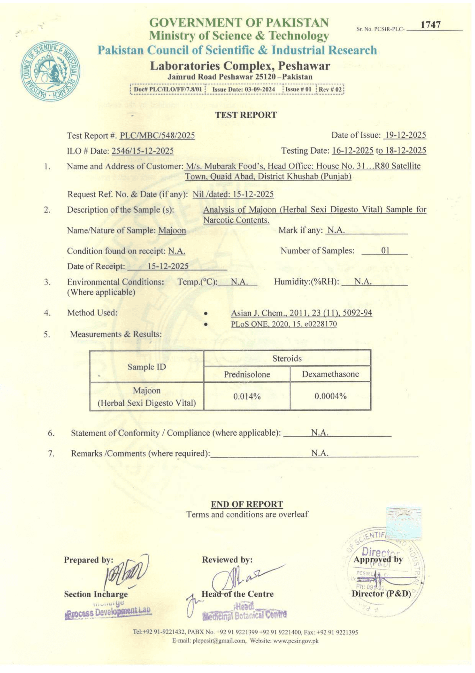 PCSIR Test Report – Majoon Herbal Product
